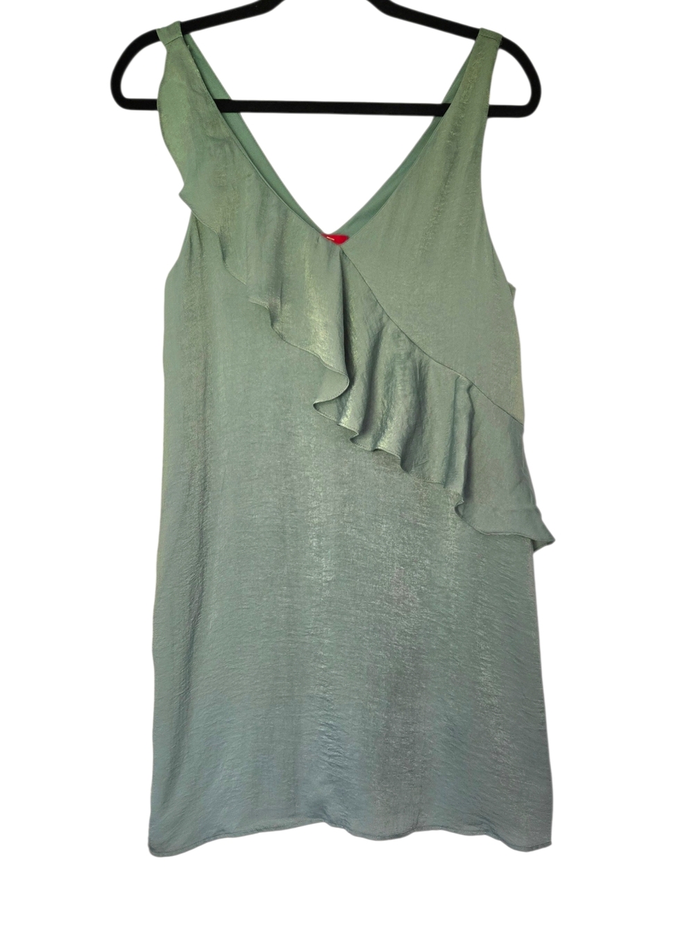 H Squared Sage Green Satin Look Ruffle Tank Double V Neck Lined M